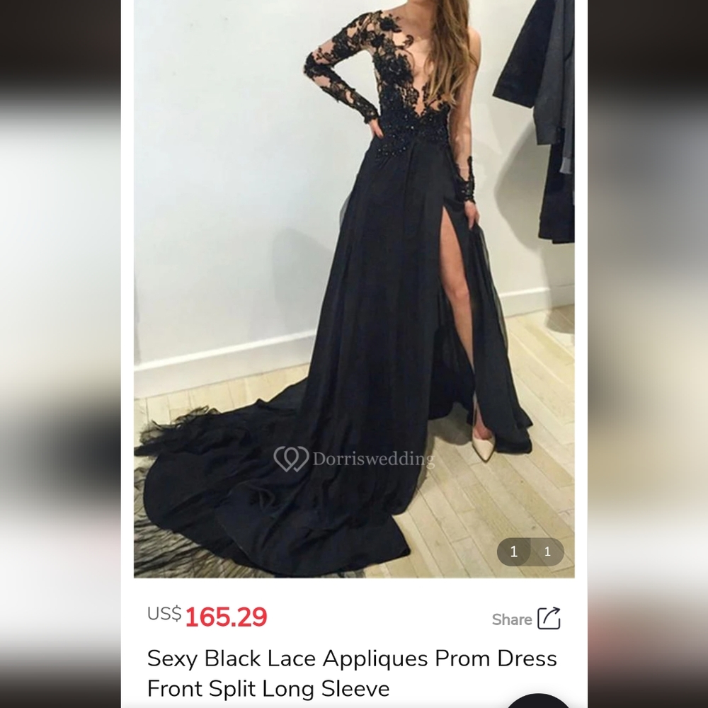 Dorris Wedding black wedding dress long sleeve lace with high slit and train